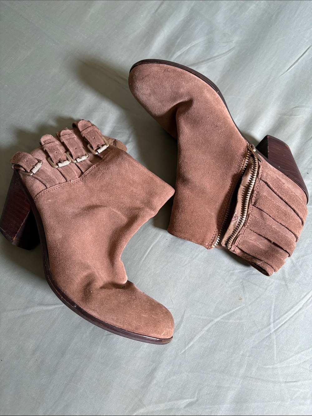 Sam Edelman Suede Ankle Booties in Chestnut Brown with Buckle Straps